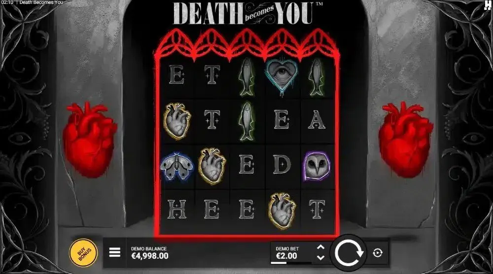 Death Becomes You base game: a 5x4 grid of D-E-A-T-H letters and occult symbols in a blood-red frame