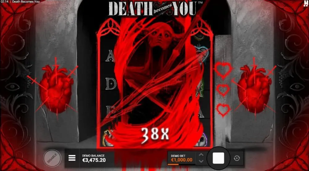 The Duel with Death: a giant red Death figure across the middle reels with a 38x multiplier and three heart lives